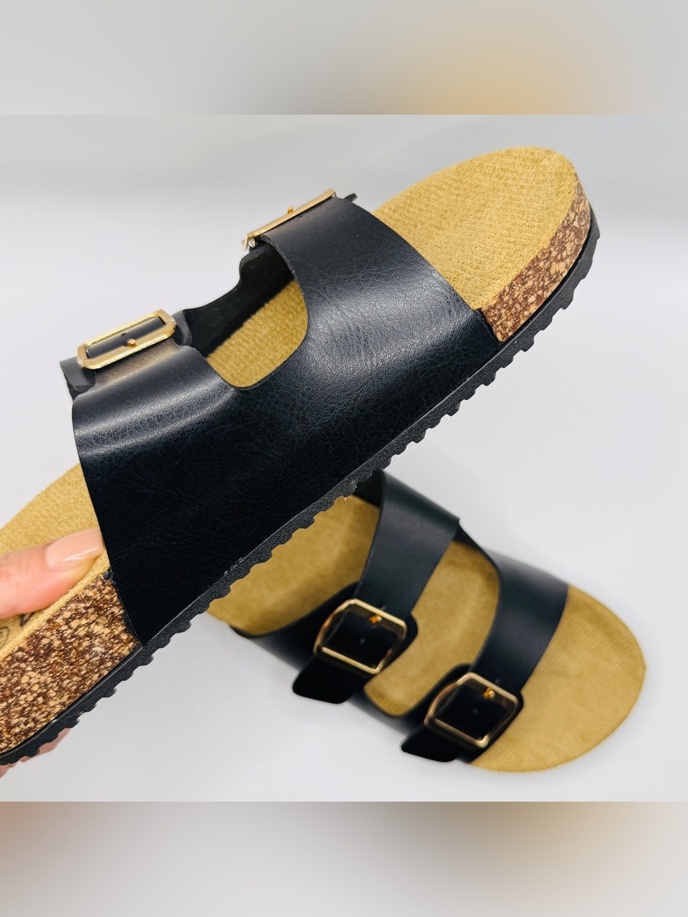 NWT Classic Double Buckle Black Cork Footbed Sandals - Size 10 - Picture 4 of 8